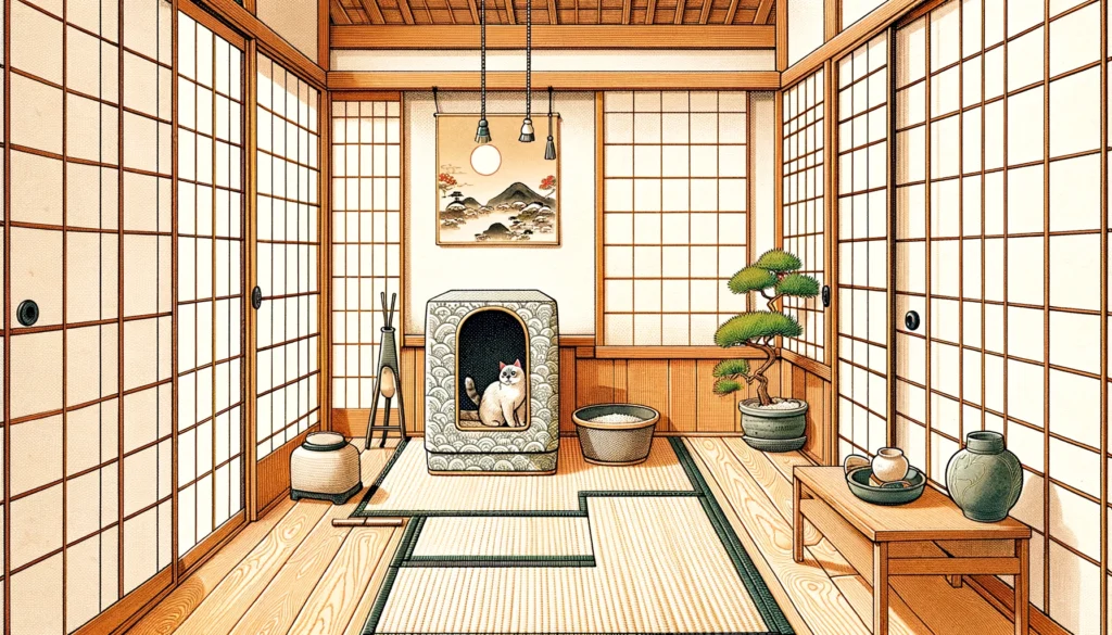 Japanese Nihonga art style image of a cat in a traditional interior exploring a patterned covered litter box, reflecting the process of transitioning to a new litter box.
