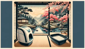 A serene Japanese Nihonga art scene depicting the contrast between a futuristic automated litter box and a simple manual litter box, symbolizing the balance in pet care choices.