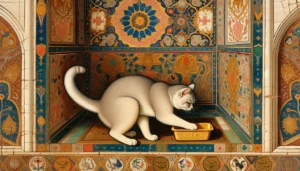 An Ottoman art style image depicting a cat scratching the side of a litter box, surrounded by intricate Ottoman patterns and architectural elements, illustrating natural cat behavior.