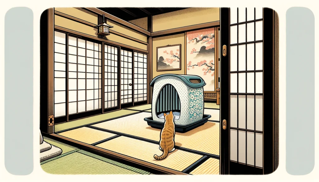 Cartoon-style Nihonga art of a serene Japanese room with a curious cat approaching an elegant, patterned covered litter box, symbolizing a gentle transition to using the litter box.