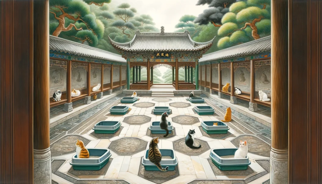 A Ming Dynasty-style painting depicting a peaceful ancient Chinese courtyard where multiple cats live in harmony, thanks to strategically placed litter boxes among traditional architectural elements.