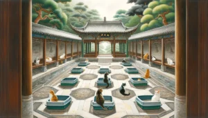 A Ming Dynasty-style painting depicting a peaceful ancient Chinese courtyard where multiple cats live in harmony, thanks to strategically placed litter boxes among traditional architectural elements.