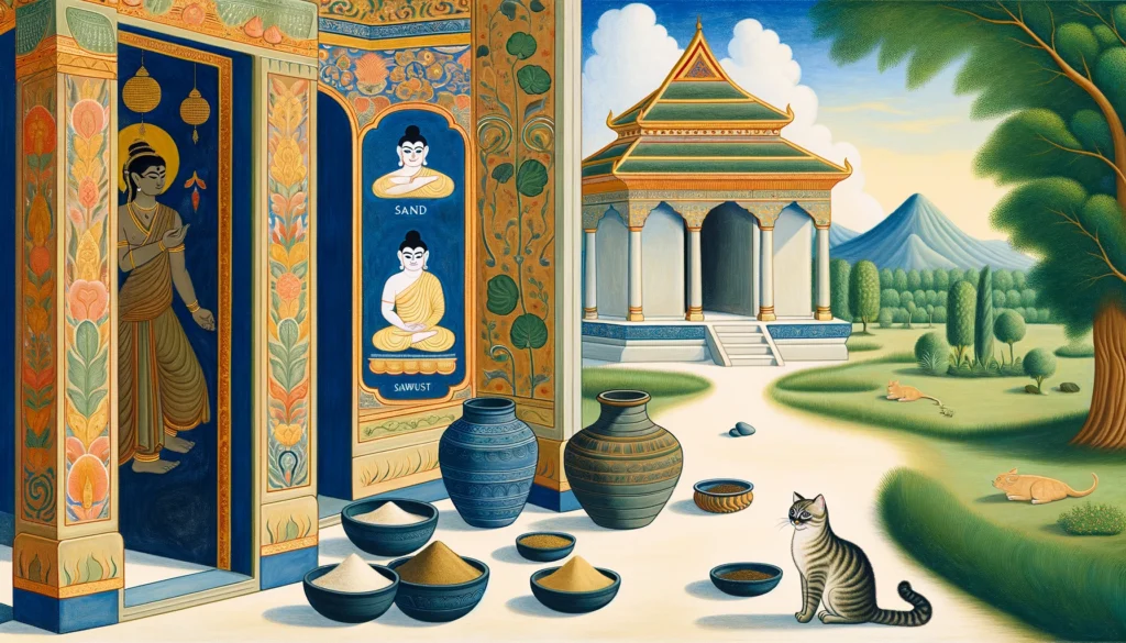 Classical Hindu-Buddhist art depiction of a cat with alternatives to cat litter like sand and sawdust, set in an ancient setting with traditional motifs, illustrating ancient solutions.