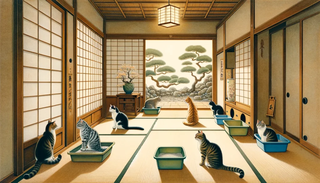 A Nihonga painting illustrating multiple cats using their own litter boxes in various serene spots of a traditional Japanese home, symbolizing thoughtful training strategies in a multi-cat household.