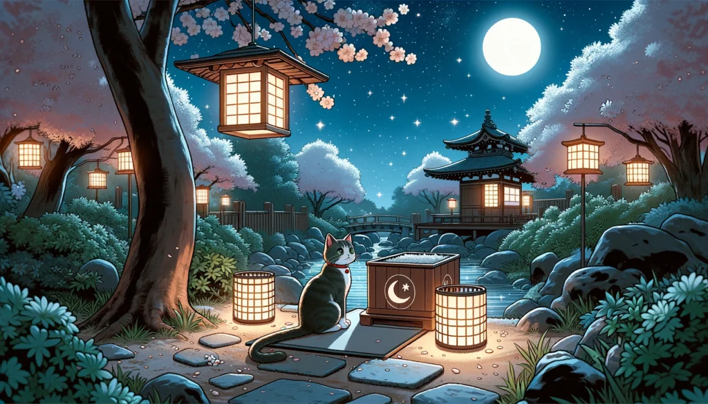 Outdoor cat trained at night in a serene Japanese garden with a Nihonga-style litter box