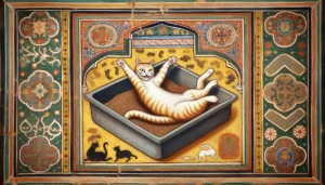In an Ottoman art style, a cat is depicted rolling in a litter box, surrounded by intricate Ottoman patterns and architectural motifs, capturing the cat's unique behavior.