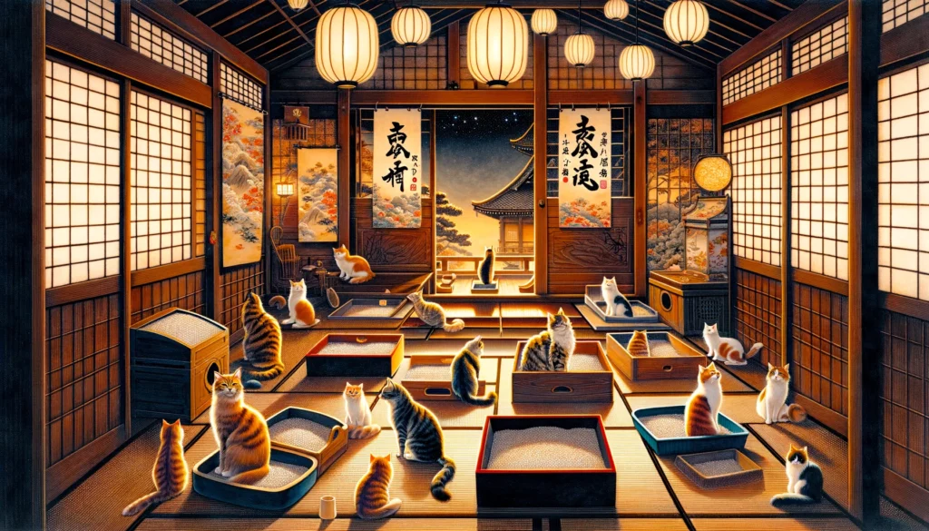 A Nihonga painting of a traditional Japanese evening setting with multiple cats and litter boxes, lit by lanterns, featuring tatami mats, sliding doors, and calligraphy scrolls, emphasizing litter box training in multi-cat households, with no text characters