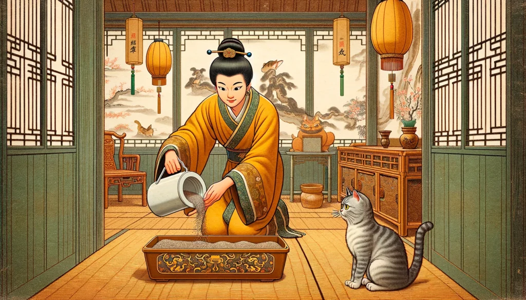 Ming-style cartoon showing a traditional scene of changing cat litter, with a person in Ming attire and an observing cat.