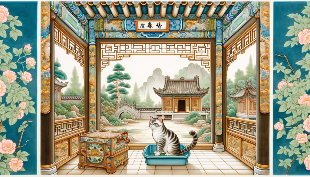Ming Dynasty art showing a cat with disabilities using an accessible litter box in a traditional Chinese setting.