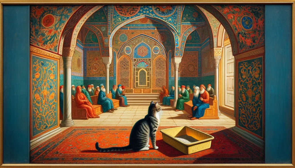 In an Ottoman art style, a cat is depicted far from a litter box, symbolizing sudden avoidance, set against intricate Ottoman patterns and motifs, illustrating a mysterious feline behavior change.