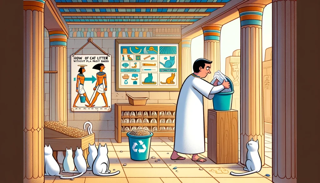 Depiction of environmentally friendly cat litter disposal in an ancient Egyptian Ptolemaic Period art style.