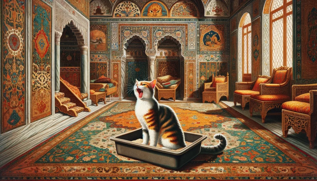A cat meows within its litter box in a lavishly adorned Ottoman palace, suggesting communication or discomfort amidst luxurious decor.