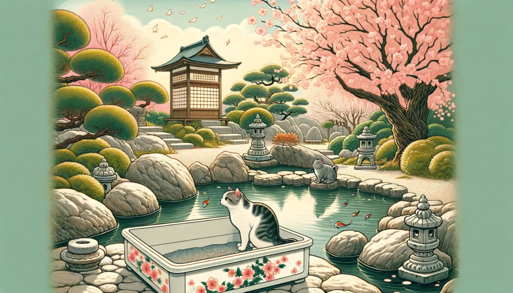 Cat exploring Nihonga-style litter box in a tranquil Japanese garden with cherry blossoms.