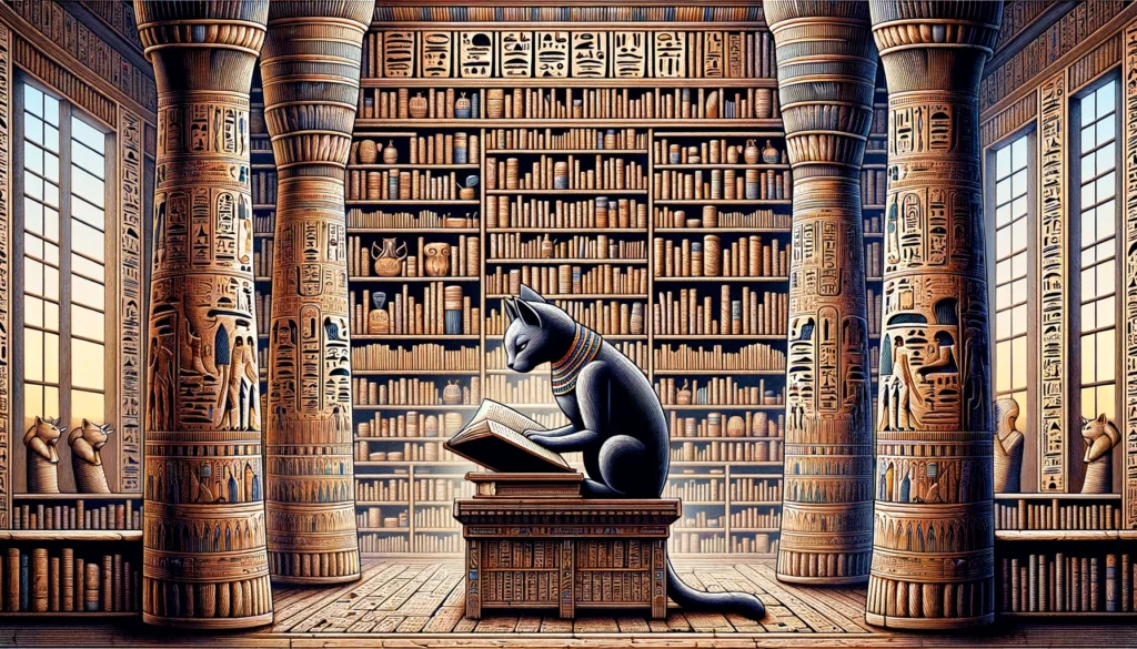 Old Kingdom Egyptian art style image of a cat reading a book in a large library, surrounded by detailed, text-free bookshelves, reflecting the ancient era's pursuit of knowledge and wisdom.