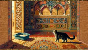 In an Ottoman art style, a cat is depicted near a litter box, symbolizing missing it, against a backdrop of intricate Ottoman patterns and architectural motifs, illustrating the curious feline behavior.