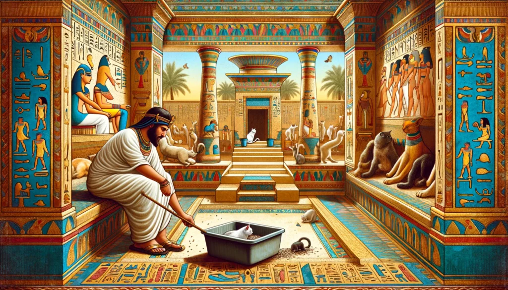 Digital portrayal in Egyptian Ptolemaic Period art style, focusing on deep cleaning of cat litter boxes, set in a richly decorated Egyptian palace with a dedicated caretaker.