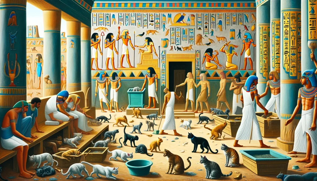 Ptolemaic Egyptian art depicting the impact of neglected cat litter boxes on health in an ancient Egyptian environment.