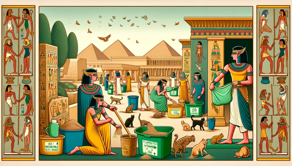 Ancient Egyptians in Ptolemaic art style using eco-friendly methods to dispose of cat litter without plastic bags, surrounded by traditional architecture.
