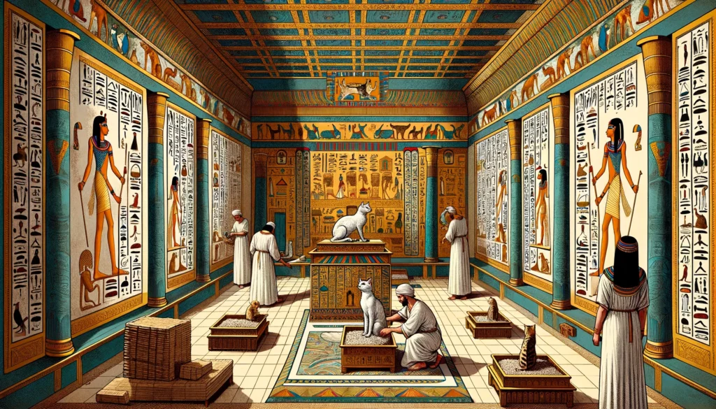 Digital artwork showcasing the importance of cat health and regular litter replacement in Egyptian Ptolemaic Period style, featuring a regal cat and caretaker in a decorated room with hieroglyphics.