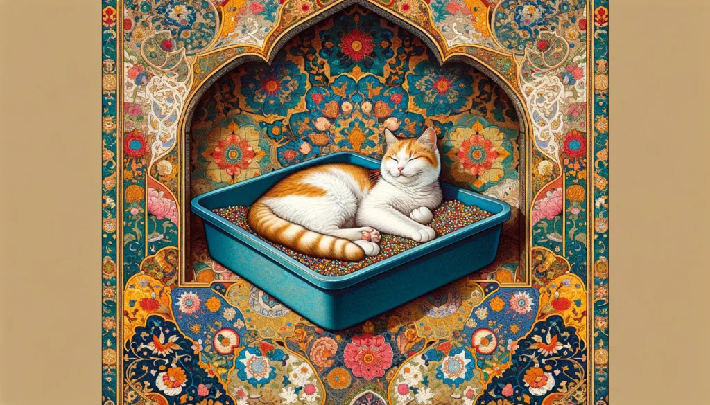 A cat lies contentedly in its litter box amidst the luxurious and intricate designs characteristic of Ottoman art, featuring detailed floral and geometric patterns in vibrant colors.