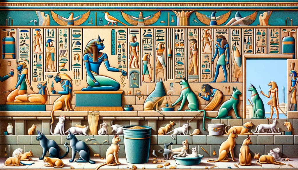 Ptolemaic Egyptian art style scene depicting silica gel litter hygiene benefits and concerns with cats in an ancient setting.