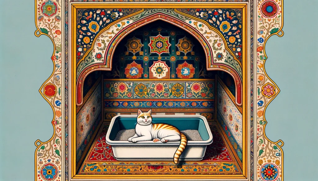 Ottoman art style, cat lying in litter box, intricate detail, vibrant colors, ornate patterns, geometric patterns, elaborate textiles, ornamental arches, tile work, cultural heritage, calm and curious cat, no modern elements.