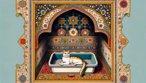 Ottoman art style, cat lying in litter box, intricate detail, vibrant colors, ornate patterns, geometric patterns, elaborate textiles, ornamental arches, tile work, cultural heritage, calm and curious cat, no modern elements.