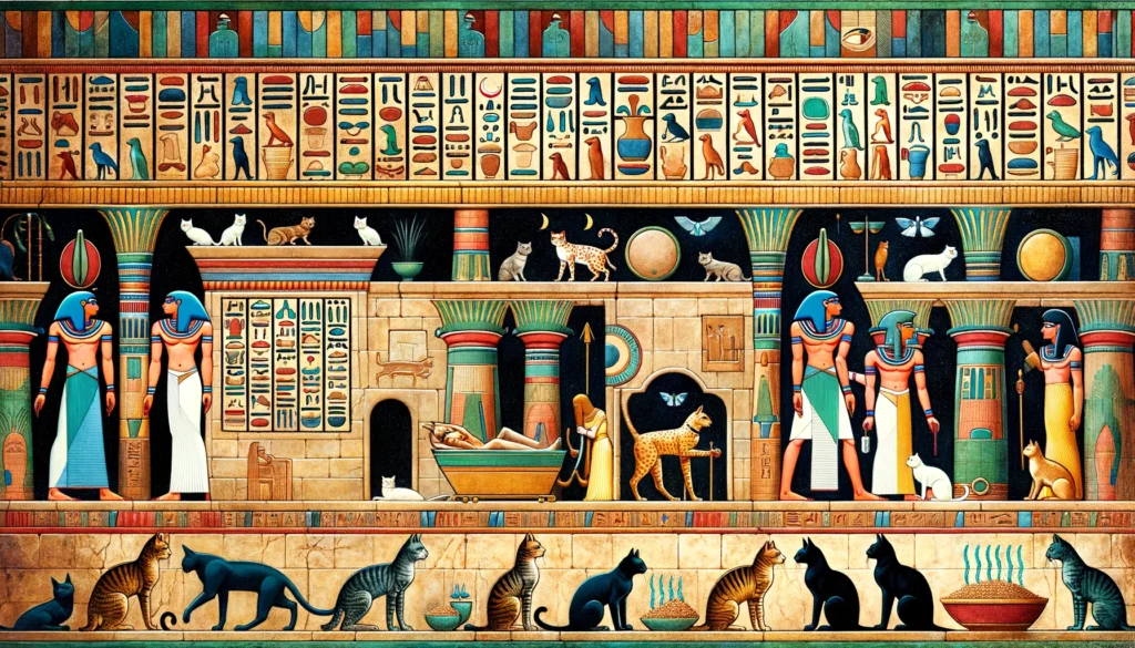 Egyptian Ptolemaic art depicting silica gel litter hygiene benefits and concerns in an ancient Egyptian setting with cats.