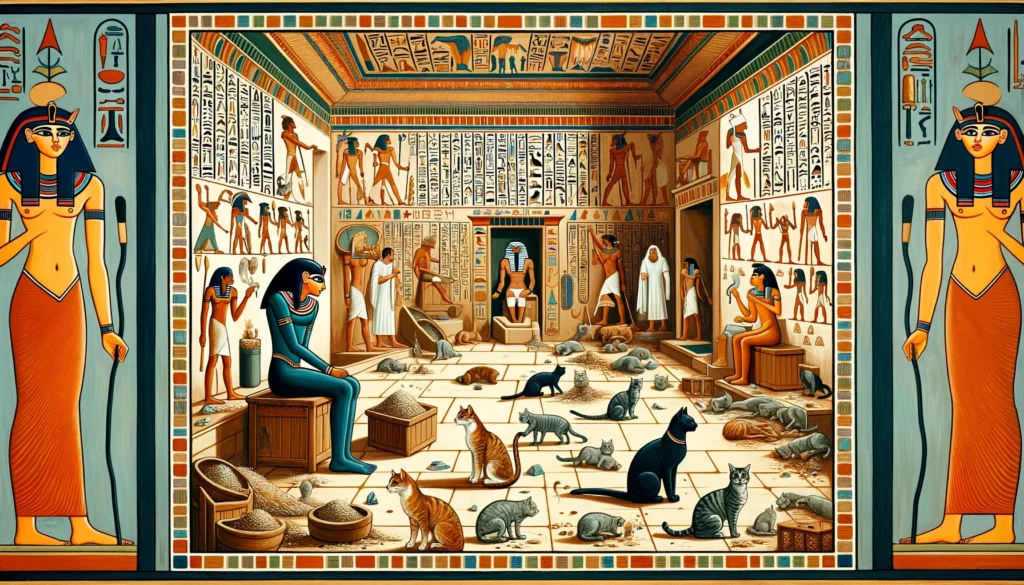 Egyptian Ptolemaic art showing the health risks of neglected cat litter boxes in an ancient Egyptian setting.