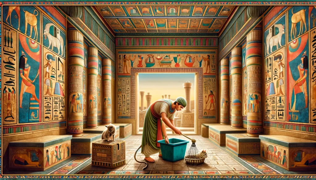 Digital artwork in Egyptian Ptolemaic Period style depicting deep cleaning techniques for cat litter boxes, featuring a caretaker in an ornately decorated Egyptian palace.
