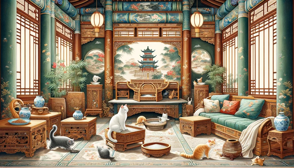 Ming Dynasty-style art depicting a litter box area loved by cats in a traditional Chinese setting.