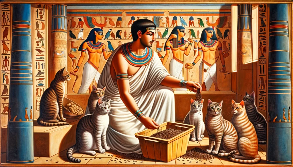 Ancient Egyptians depicted in Ptolemaic art style, emphasizing the health benefits of regular litter replacement for cats, with scenes of cleanliness and care.