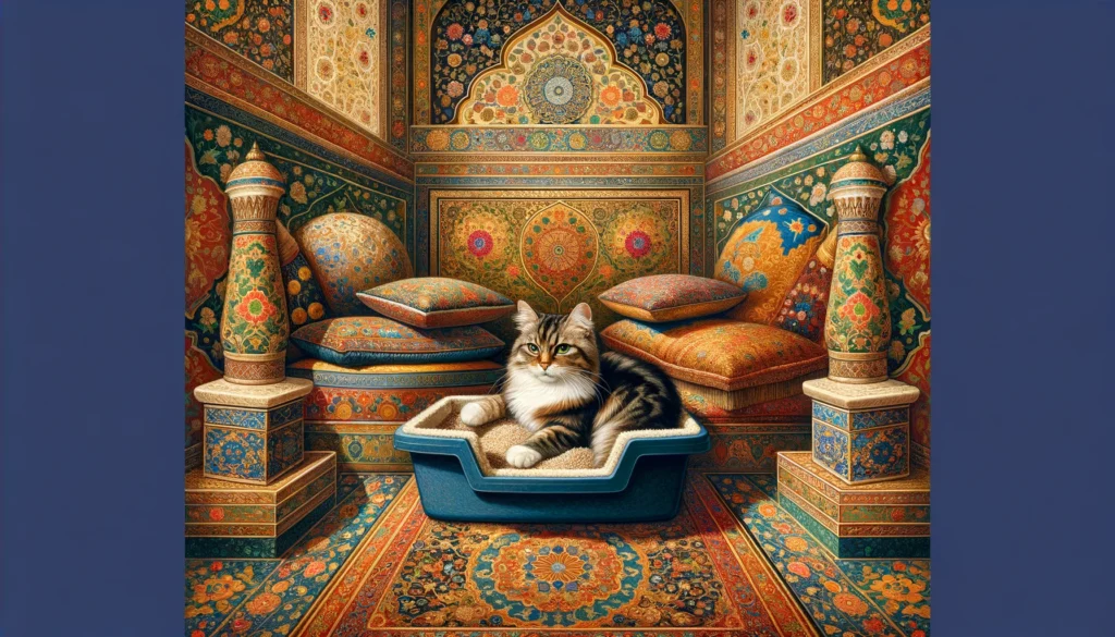 A cat contentedly nestled in its litter box, surrounded by the vibrant and intricate patterns of an opulent Ottoman interior, showcasing the essence of Ottoman art without any textual elements.
