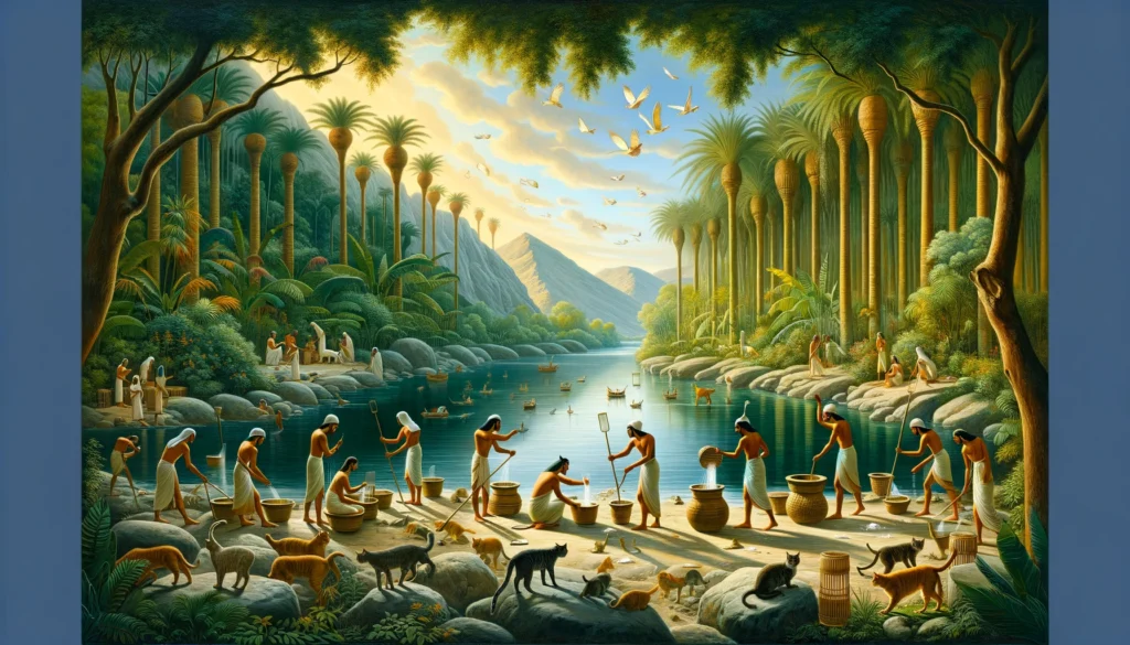 Ancient Egyptians utilizing papyrus and clay pots for eco-friendly cat litter disposal by the Nile, amidst lush landscapes.