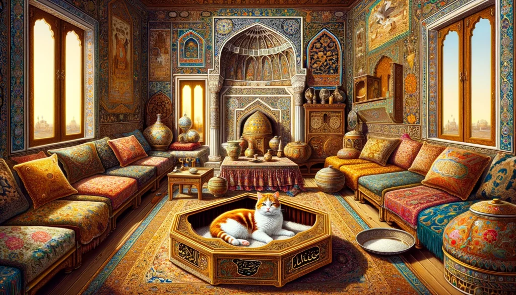 Ottoman art-inspired room showing method to discourage cat from sleeping in the litter box, with distinct rest area and no text on items.