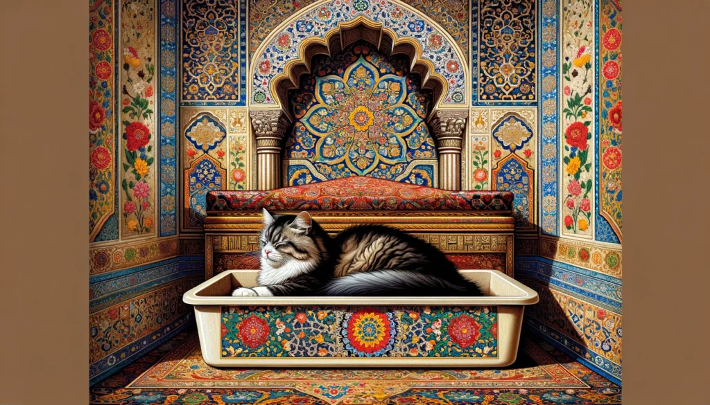 A serene depiction of a cat in its litter box, encased within the lavish and intricate designs of an Ottoman interior, highlighting the cultural richness and artistic detail without the presence of text.