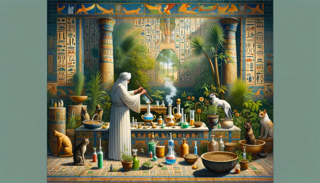 Digital depiction in Egyptian Ptolemaic Period art style showing natural remedies for cat litter odor, with an ancient figure utilizing herbs and minerals.