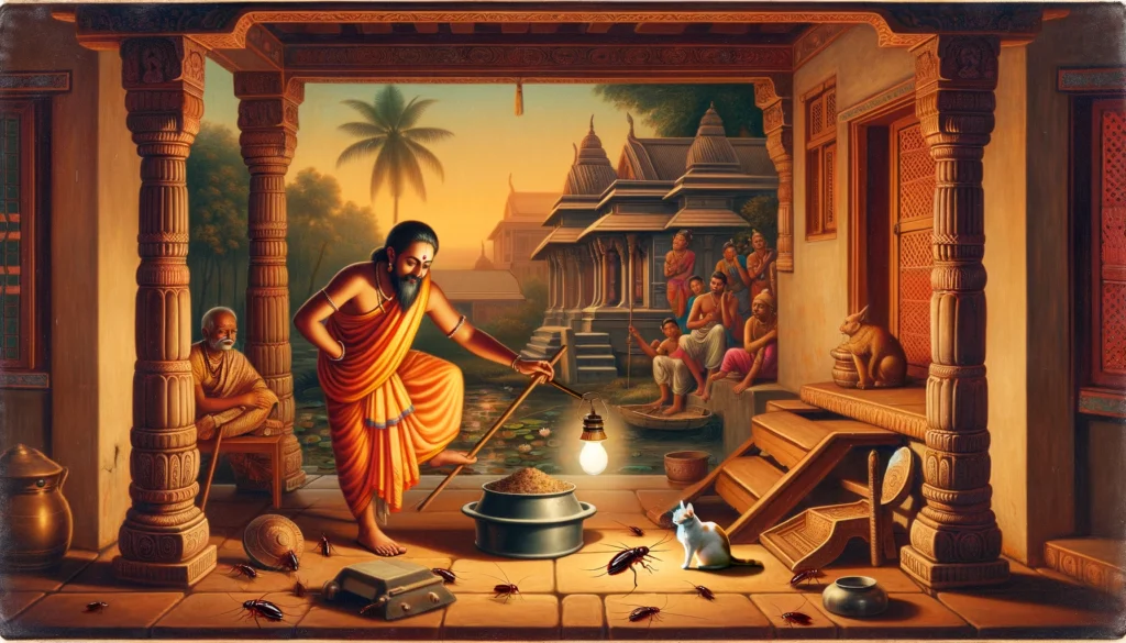 A traditional Indian scene with an individual inspecting cat litter for roaches, illuminated by a lamp in a classical setting.