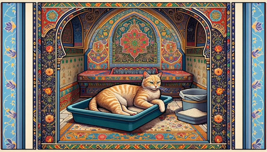 Ottoman art, cat in litter box, intricate patterns, vibrant hues, geometric designs, opulent interior, embellished arches, detailed tile work, cultural splendor, domestic cat, devoid of modern elements.