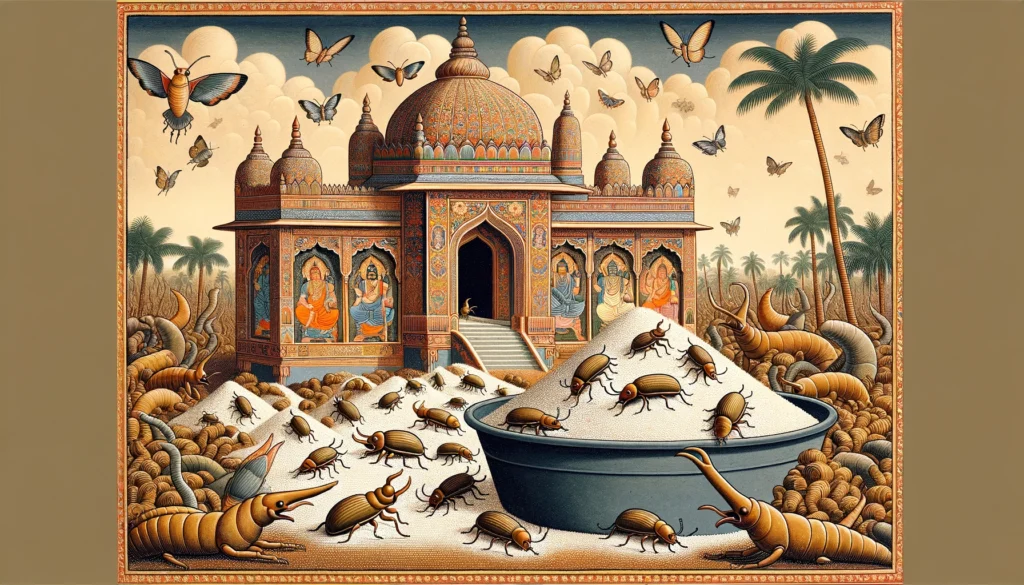 Classical Indian Hindu art style depiction of weevils navigating through a pile of cat litter, showcasing intricate details and fantastical elements.
