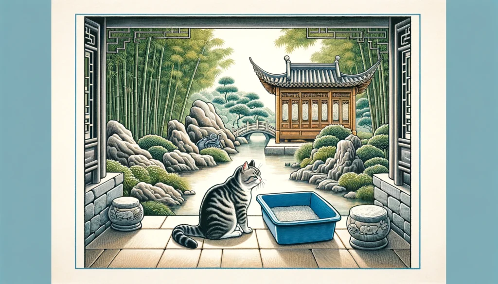 A serene Ming Dynasty-style garden with a cat using a litter box, surrounded by bamboo, rock formations, a pond, and traditional architecture.