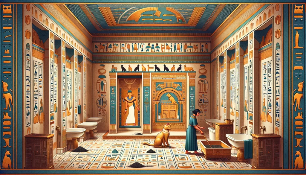 Artistic representation in Egyptian Ptolemaic Period style, focusing on cat health and litter care, featuring an Egyptian cat with its caretaker in a hieroglyphic-adorned room.