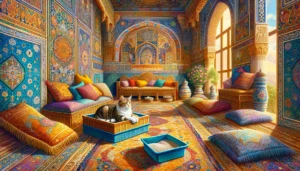 Ottoman art-inspired interior showing how to stop cat from sleeping in the litter box, with separate rest area and intricate decor.