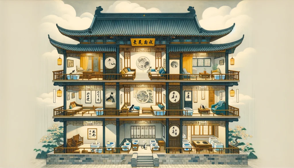 A Ming Dynasty-style painting depicting a cross-section of a traditional Chinese house, highlighting cat litter boxes on each level amid classical decor, showcasing harmony between architectural beauty and the well-being of cats.