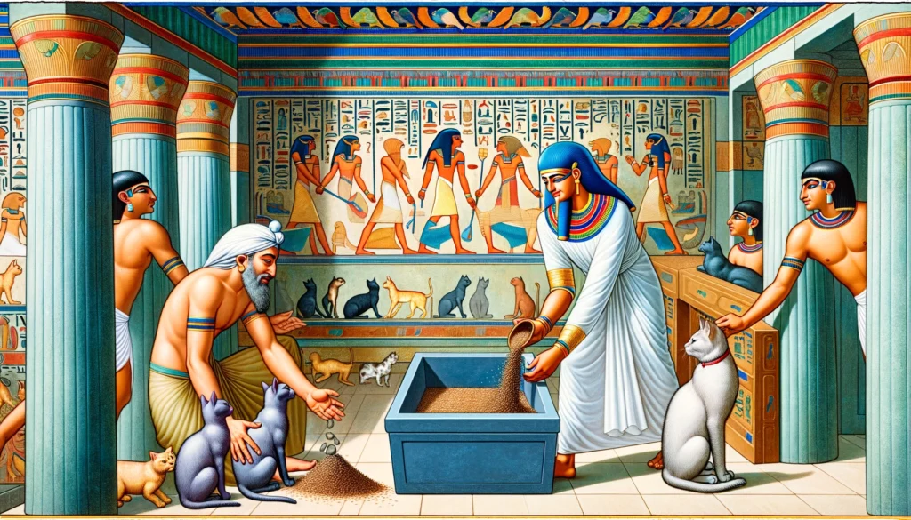 Ancient Egyptians in Ptolemaic art style diligently replacing cat litter to promote feline health, highlighting cleanliness and the human-pet bond.