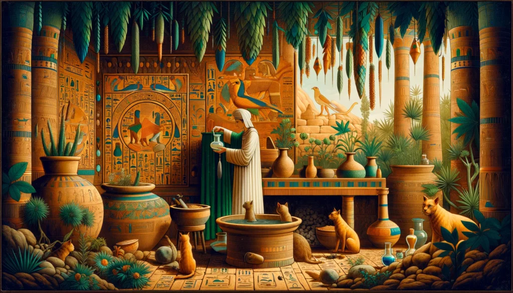 Digital artwork in Egyptian Ptolemaic Period style depicting natural remedies for controlling cat litter odor, featuring an ancient alchemist using herbs and minerals.
