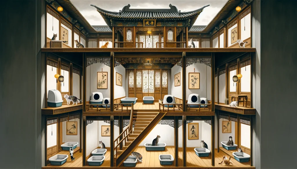 A Ming Dynasty-style painting depicting a multi-level traditional Chinese house, with cat litter boxes on each floor, illustrating a harmonious blend of ancient architecture and thoughtful cat care.