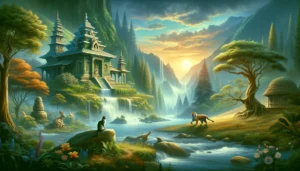 Classical Hindu-Buddhist art inspired landscape showing cats in peaceful coexistence with nature, symbolizing healing and recovery after declaw.