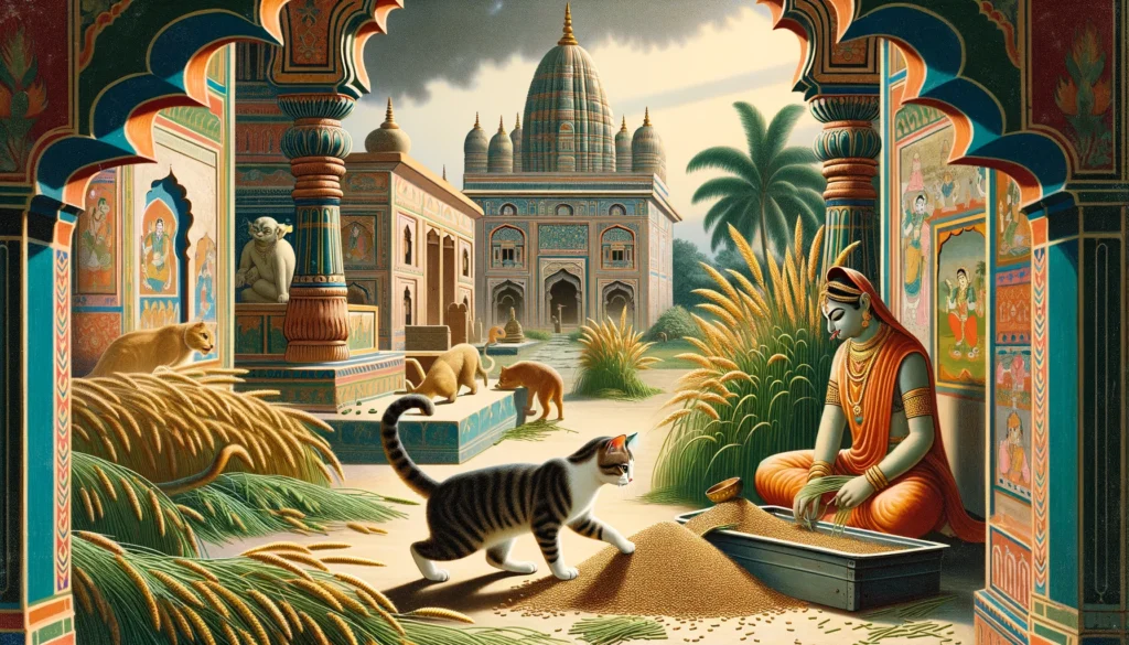 A traditional Indian scene with a cat exploring a grass seed litter area, set against a backdrop of classical Indian architecture and lush nature.