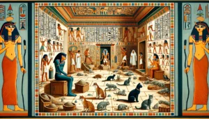 Egyptian Ptolemaic art showing the health risks of neglected cat litter boxes in an ancient Egyptian setting.